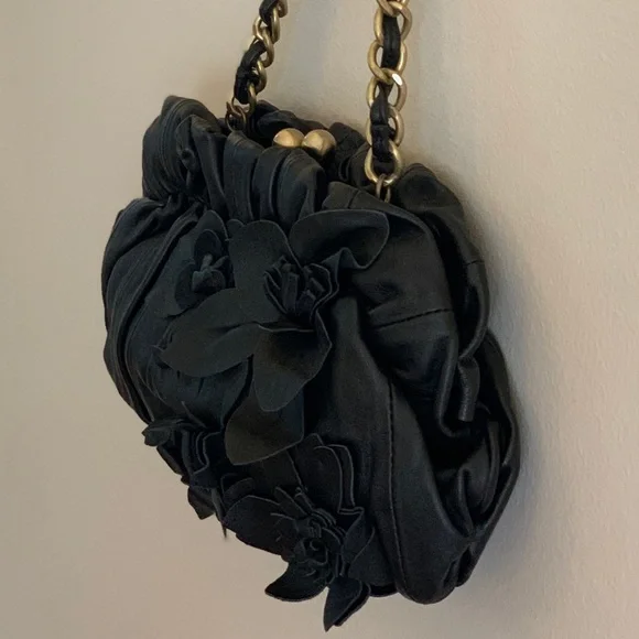 Adrienne Vittadini Black Leather Bag Purse with Leather Flowers - Picture 3 of 11